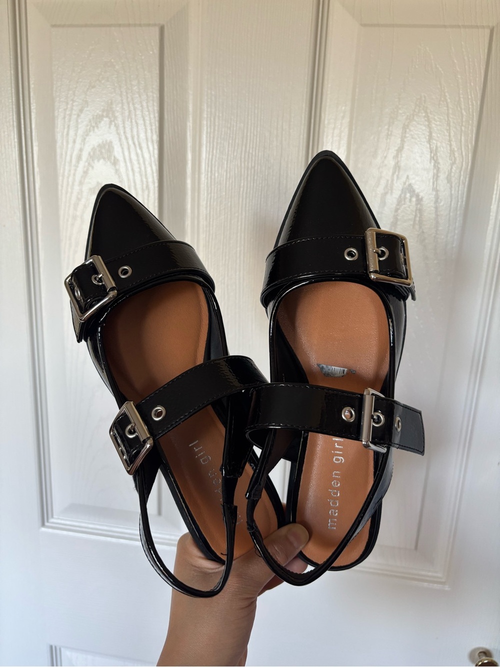 Madden Girl Black Patent Pointed Slingback Flats with Buckles